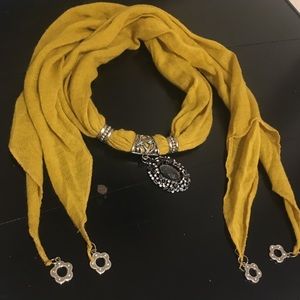 Jersey Knit Long Scarf w/Center Jeweled Pendant